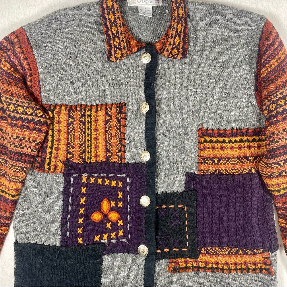 VTG CHRYSANTHEME Patchwork Knit Button Front Card… - image 4